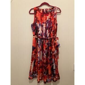 Luxe by Carmen Mark Valvo Dress Womens 14 Red Satin Watercolor Midi Pleated Belt